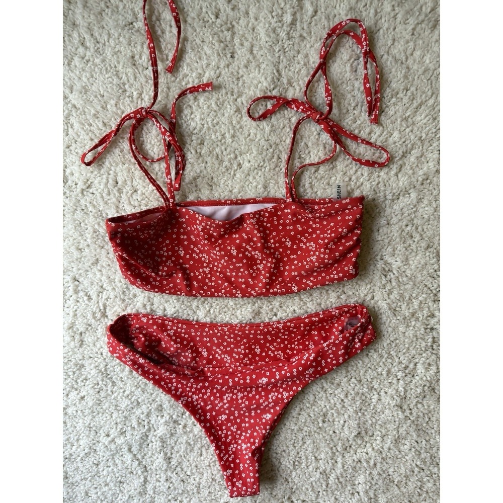SHEIN Red Ditsy Floral Bandeau Bikini Set Tie Strap Two Piece Swimsuit Large